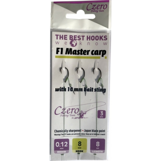 Czero F1 Master carp szakállas előkötött horog 3db/csomag 12-es, 0.10mm