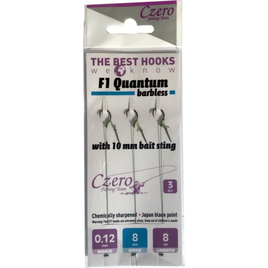 Czero F1 Quantum Barbless szakáll nélküli előkötött horog 3db/csomag 10-es 0.10mm 